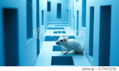 A mouse runs through a maze. The concept explores problem-solving, curiosity, learning, and experimentation. Generative AI. 117421339