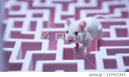 A mouse runs through a maze. The concept explores problem-solving, curiosity, learning, and experimentation. Generative AI. 117421341