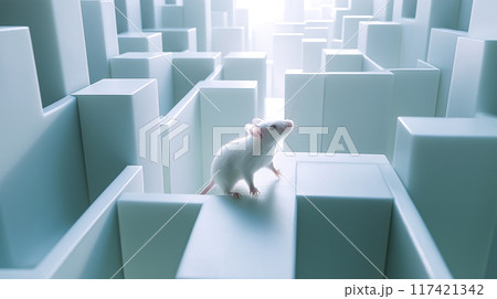 A mouse runs through a maze. The concept explores problem-solving, curiosity, learning, and experimentation. Generative AI. 117421342