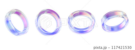 3D glass ring set, plastic transparent geometric retro shape, purple glossy futuristic flying circle 117421530