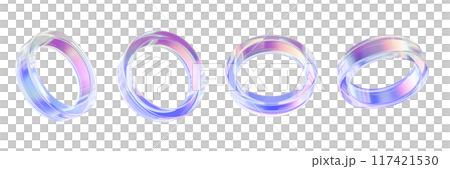 3D glass ring set, plastic transparent geometric retro shape, purple glossy futuristic flying circle 117421530