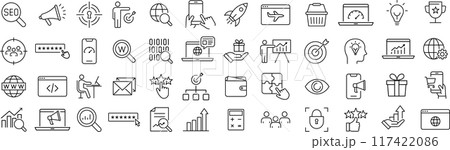 ベクターでモノクロのSEOに関する線画アイコンセット ベクターでモノクロのSEOに関する線画アイコンセット 117422086