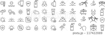 ベクターでモノクロの太陽に関する線画アイコンセット 117422089