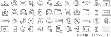 ベクターでモノクロのサイバーセキュリティに関する線画アイコンセット 117422091