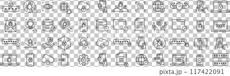 ベクターでモノクロのサイバーセキュリティに関する線画アイコンセット 117422091
