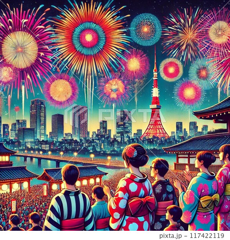 東京で打ち上げ花火を見る人々 117422119