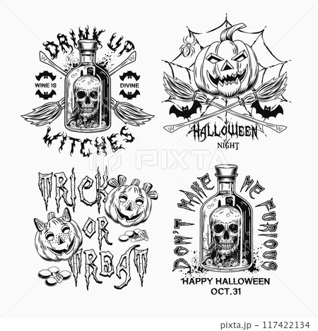 Labels with bottle with skull and poisonous potion, criss crossed brooms, spider web, pumpkin heads, text. Black and white witchy illustrations on white background in vintage style Labels with bottle with skull and poisonous potion, criss crossed brooms, spider web, pumpkin heads, text. Black and white witchy illustrations on white background in vintage style 117422134