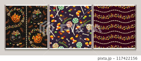 Set of seamless Halloween patterns with bones, scattered sweets, candy, happy pumpkin, cauldron, pot. Vintage style Set of seamless Halloween patterns with bones, scattered sweets, candy, happy pumpkin, cauldron, pot. Vintage style 117422156