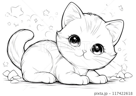 A playful kitten coloring page. 117422618