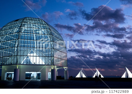 夕暮時の葛西臨海水族園のライトアップ 夕暮時の葛西臨海水族園のライトアップ 117422989