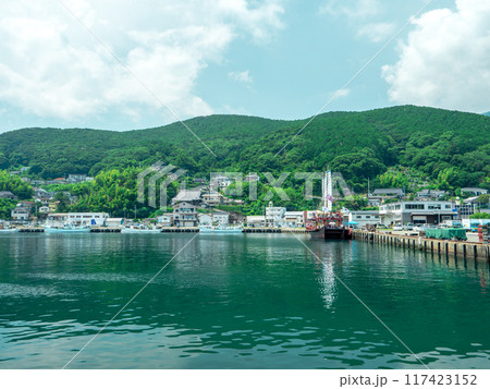 夏の長崎県対馬市厳原港の風景　朝鮮通信使の復元船が停泊中 117423152
