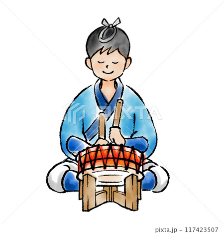 祭囃子　太鼓を叩く男性のイラスト 117423507