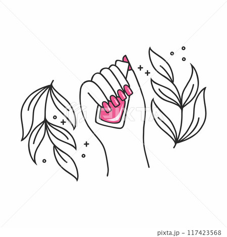 beautiful female hand holds bottle of pink nail polish. beauty illustration on theme of manicure. stylish logo for beauty salon. 117423568