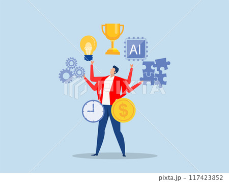 Coordination skill,businessman working skill to reach winning trophy.Skill development for career growth to success Coordination skill,businessman working skill to reach winning trophy.Skill development for career growth to success 117423852