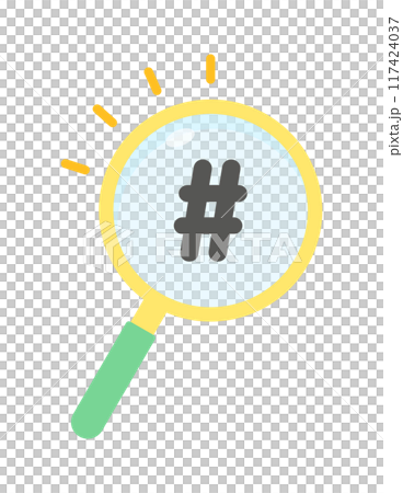 Hashtag and simple magnifying glass icon - Stock image for searching information and researching trends 117424037