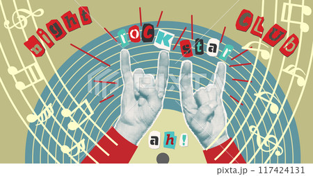 Karaoke music collage with halftone stickers hands lips and inscriptions, musical notations Cut out from newspapers, magazines, torn paper Poster design Vinyl player, mouth, hears Vector illustration 117424131