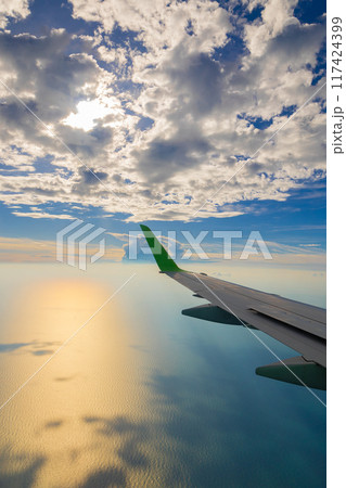 鹿児島から静岡に向かう夕焼けの飛行 117424399