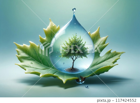 a transparent drop of water with a young tree inside, lies on a green leaf from a plant a transparent drop of water with a young tree inside, lies on a green leaf from a plant 117424552