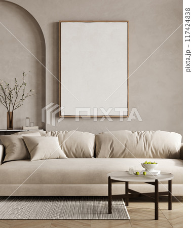 Big poster picture blank frame in modern home interior, beige tones, modern design sofa and furniture, 3d render Big poster picture blank frame in modern home interior, beige tones, modern design sofa and furniture, 3d render 117424838