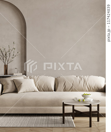 Empty beige wall mockup in light modern living room interior, 3d render Empty beige wall mockup in light modern living room interior, 3d render 117424839