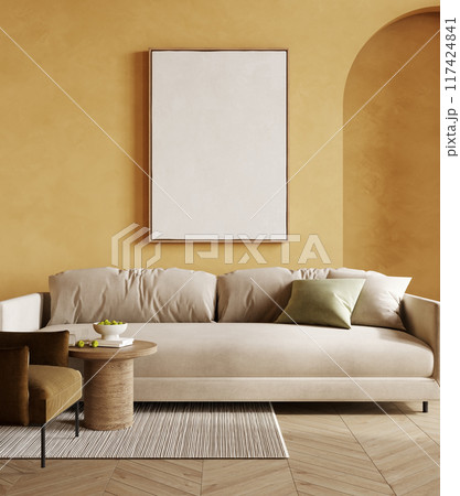 Mock up big frame in bright yellow home interior background, bright room with minimal decor, 3d render 117424841