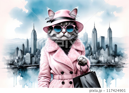 fashionable modern cat in sunglasses with shopping bags, shopping in the city fashionable modern cat in sunglasses with shopping bags, shopping in the city 117424901