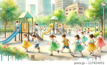 公園の子供たち 水彩画 額装済み 公園で遊ぶ子どもたち（水彩画タッチ）のイラスト素材 [117424952] - PIXTA