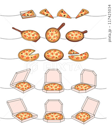 Pizza set one line colored continuous drawing. Whole and pieces italian pizzas continuous one line illustration. Vector linear illustration. 117425034