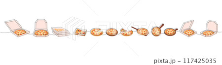 Pizza set one line colored continuous drawing. Whole and pieces italian pizzas continuous one line illustration. 117425035