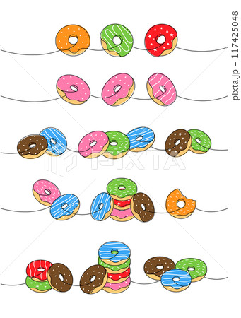 Take away donut set. Delicious donuts one line colored continuous drawing. Bakery sweet pastry food. Vector linear illustration. 117425048