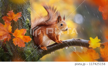 Cute squirrel on the tree branch hiding among leaves in a rainy autumn morning. Fall season wildlife scene 117425158