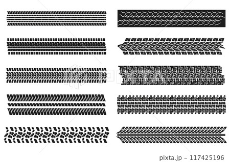 Tire tracks mega set elements in flat graphic design. Bundle objects of black machinery protectors prints with different patterns, automobile road trail texture, vehicle stamps. Vector illustration. 117425196