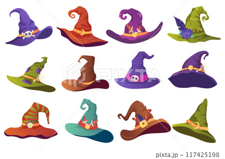 Sorceress hats mega set elements in flat graphic design. Bundle objects of different Halloween witch hats with pointy cones and ribbons with spooky decoration, masquerade costume. Vector illustration. Sorceress hats mega set elements in flat graphic design. Bundle objects of different Halloween witch hats with pointy cones and ribbons with spooky decoration, masquerade costume. Vector illustration. 117425198