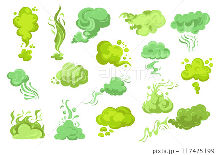 Smelly smoke mega set elements in flat graphic design. Bundle objects of green poison clouds with trails, toxic gas bubbles, cartoon bad stink, unpleasant smell vapour effect. Vector illustration. 117425199