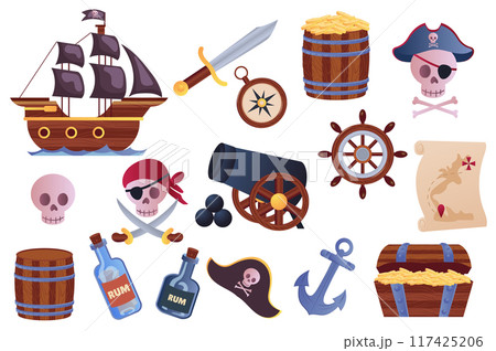 Pirate adventure mega set elements in flat graphic design. Bundle objects of ship, sword, compass, captain hats, map, treasure chest, bottle rum, barrel, skulls, anchor, other. Vector illustration. 117425206