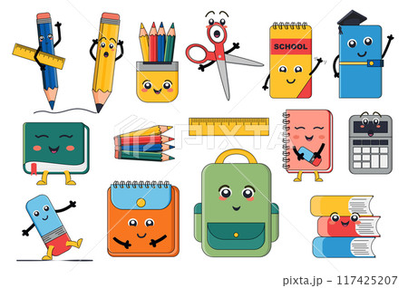 Mascot school supplies mega set elements in flat graphic design. Bundle objects of cute characters with funny faces on pen, ruler, scissors, notebook, books, pencils, other. Vector illustration. 117425207