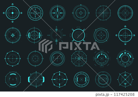 HUD target pointer mega set elements in flat graphic design. Bundle objects of futuristic user interface with radars and dashboard infographic, military visual navigation system. Vector illustration. 117425208