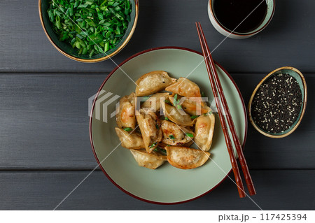 japanese fried gyoza dumplings, with pork, sesame seeds, green onions, japanese fried gyoza dumplings, with pork, sesame seeds, green onions, 117425394