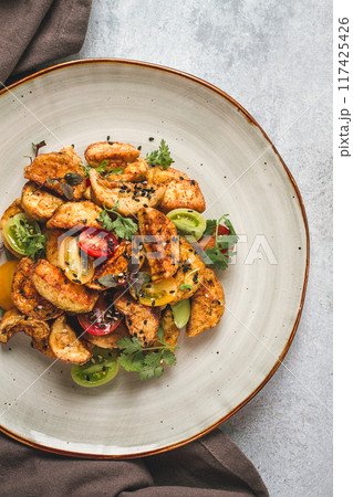 Salad, crispy eggplant in batter, with cherry, sesame seeds, olive oil, homemade, no people, Salad, crispy eggplant in batter, with cherry, sesame seeds, olive oil, homemade, no people, 117425426