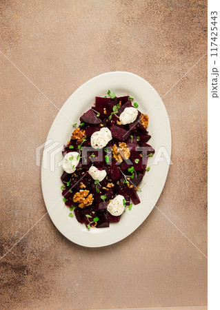 beetroot salad with nuts, cream cheese and micro greenery, homemade, no people, beetroot salad with nuts, cream cheese and micro greenery, homemade, no people, 117425443