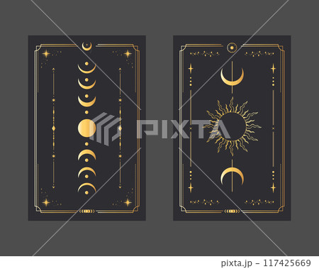Golden magical tarot cards Sun and Moon. Mystery, astrology, alchemy. Vector illustration 117425669