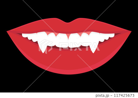 Vampire woman lips with fangs. Monster girl evil lips. Red female lips with long fangs. Vector illustration Vampire woman lips with fangs. Monster girl evil lips. Red female lips with long fangs. Vector illustration 117425673