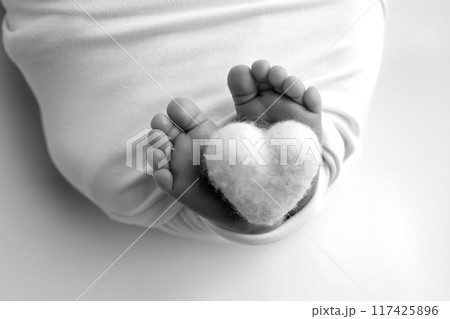 The tiny foot of a newborn baby. Soft feet of a new born in a wool blanket. Close up of toes, heels and feet of a newborn. Knitted heart in the legs of a baby Studio macro photography. Black and white The tiny foot of a newborn baby. Soft feet of a new born in a wool blanket. Close up of toes, heels and feet of a newborn. Knitted heart in the legs of a baby Studio macro photography. Black and white 117425896