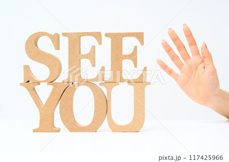 「SEE YOU」と並べられたアルファベットの木製ブロック 「SEE YOU」と並べられたアルファベットの木製ブロック 117425966