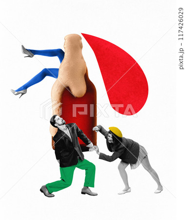 Competitive mood in professional sphere. Young man and woman, colleagues, partners moving away bottle with female legs sticking out. Contemporary art collage. Competitive mood in professional sphere. Young man and woman, colleagues, partners moving away bottle with female legs sticking out. Contemporary art collage. 117426029
