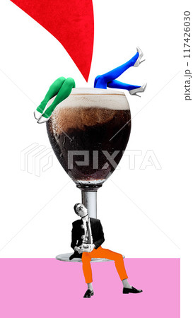 Young man with retro phone sitting near glass of beer with female legs sticking out and feeling overwhelmed. Stress of overworking. Contemporary art collage. Young man with retro phone sitting near glass of beer with female legs sticking out and feeling overwhelmed. Stress of overworking. Contemporary art collage. 117426030