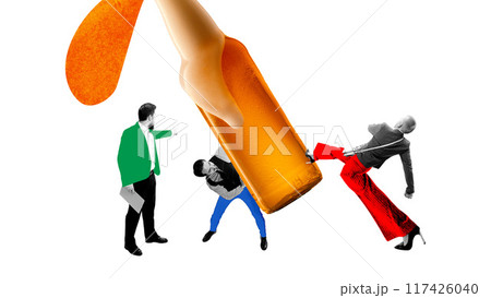 Business people, employees and manager interacting with beer bottles. Managing overwhelming tasks and leadership. Contemporary art collage. 117426040