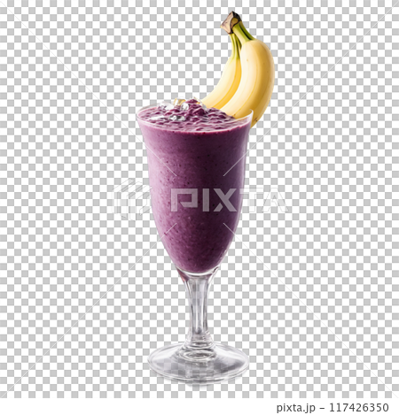 Acai smoothie with acai berries banana and ice cubes swirling in a glass with ingredients Acai smoothie with acai berries banana and ice cubes swirling in a glass with ingredients 117426350