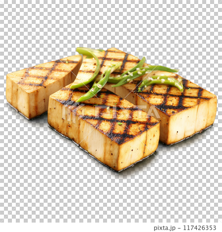 Grilled tofu steaks with grill marks and a sprinkle of chopped scallions Summer food concept Grilled tofu steaks with grill marks and a sprinkle of chopped scallions Summer food concept 117426353
