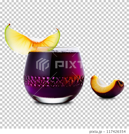 Fragrant mangosteen juice in a tequila sunrise glass mangosteens with their deep purple rinds Summer Fragrant mangosteen juice in a tequila sunrise glass mangosteens with their deep purple rinds Summer 117426354